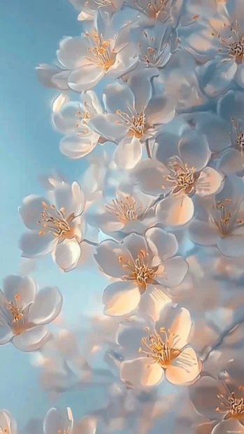 Cherry blossom close ups layered over a pale blue sky, lock screen freshness.