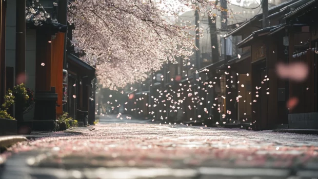 Cherry blossom petals blowing across a quiet street.