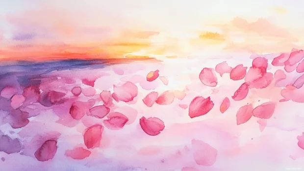 Cherry blossom petals drifting across a soft pink sunset in watercolor.