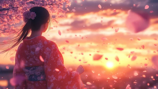 Cherry blossom petals falling in a pastel sunset scene for girls.