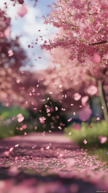 Cherry blossom petals falling over pretty garden.