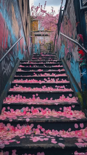 Cherry blossom petals float over graffiti painted staircase in aesthetic tone.