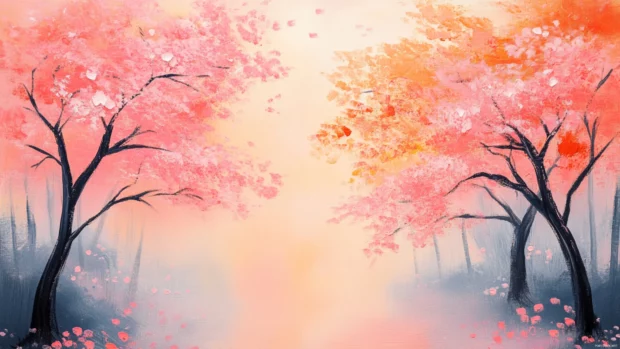 Cherry blossom trees painted in soft brush strokes on pastel sky background.