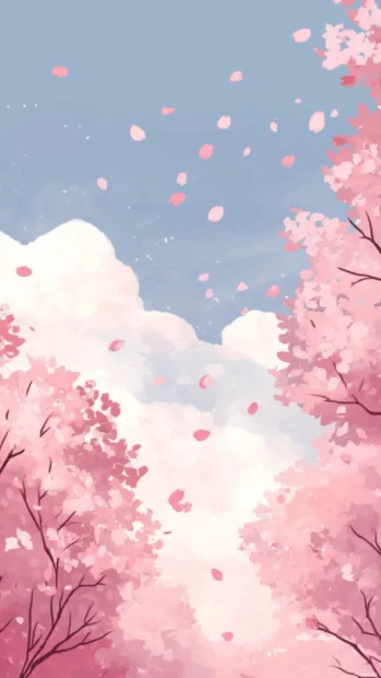 Cherry blossoms scatter across Summertime skies with soft breeze patterns.