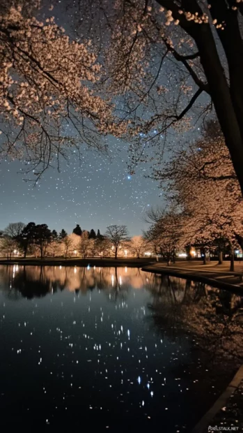 Cherry blossoms shimmering in starry twilight.