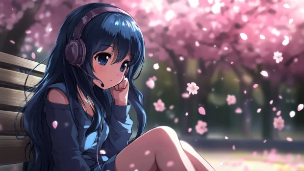 Cherry blossoms swirling around anime girl with headphones on a park bench.