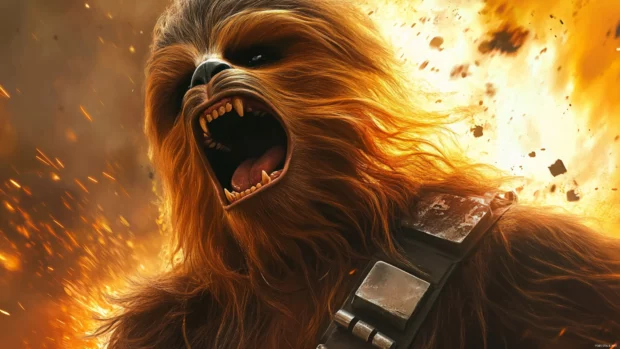 Chewbacca roaring heroically during a galactic firefight.
