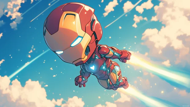 Chibi Iron Man soaring above cloud circuits with rainbow thrusters.