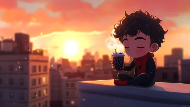 Chibi Peter Parker sipping boba tea on a rooftop at sunset.
