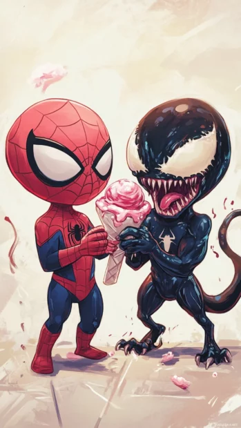 Chibi Spiderman and Venom sharing ice cream awkwardly.