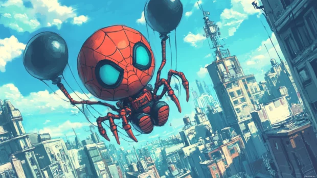 Chibi Spiderman riding a balloon spider robot through the city.