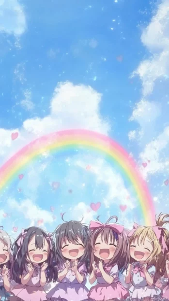 Chibi anime characters laughing under pastel rainbows in a cute girly wallpaper anime scene.