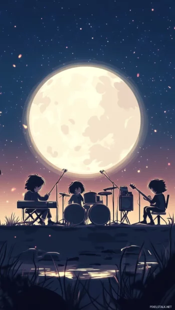 Chibi band playing under glowing moon with notes inspired by Minimal pastel music aesthetic.