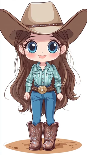 Chibi cowgirl wallpaper illustration with cheerful expression and sparkly boots.