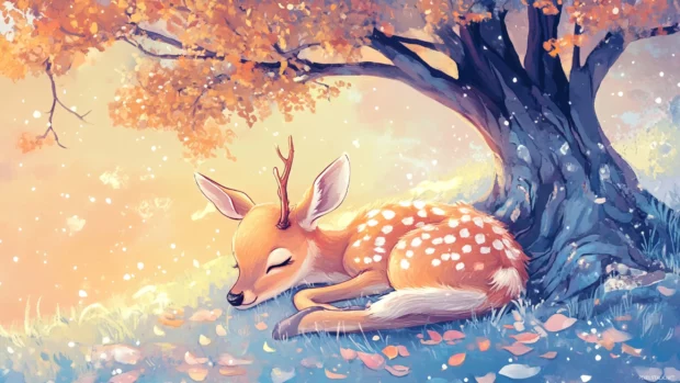Chibi deer curled up under a pastel tree.
