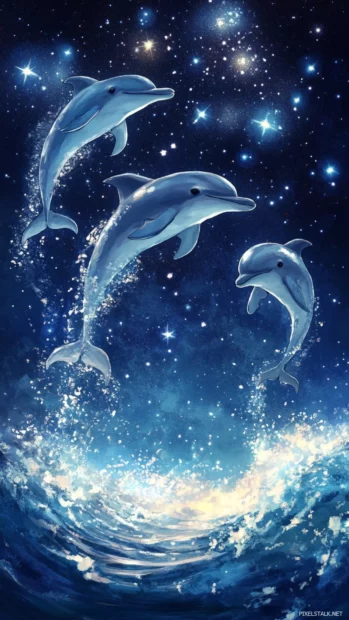 Chibi dolphins leaping under glowing stars.