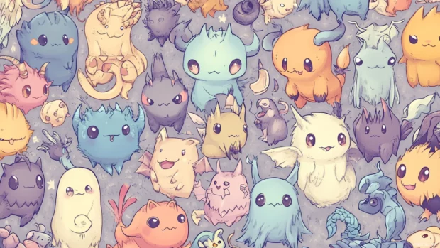 Chibi fantasy creatures arranged in a soft pattern, ideal for anyone looking for cute pc wallpapers.