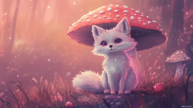 Chibi fox under a mushroom with soft pink sky.