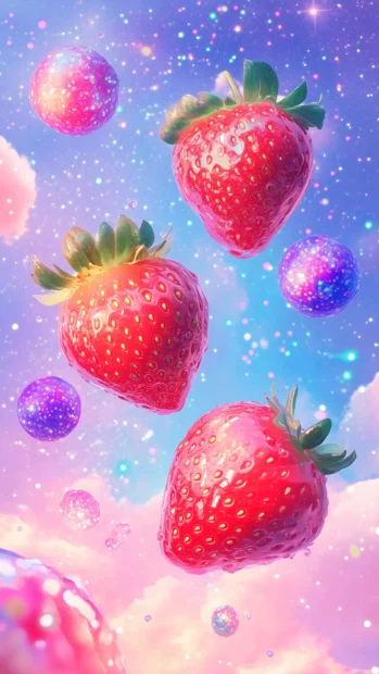 Chibi kawaii strawberry planet with strawberry moons orbiting around it, set in a pastel galaxy background filled with stars, tiny clouds, and sparkles, playful cosmic vibe.