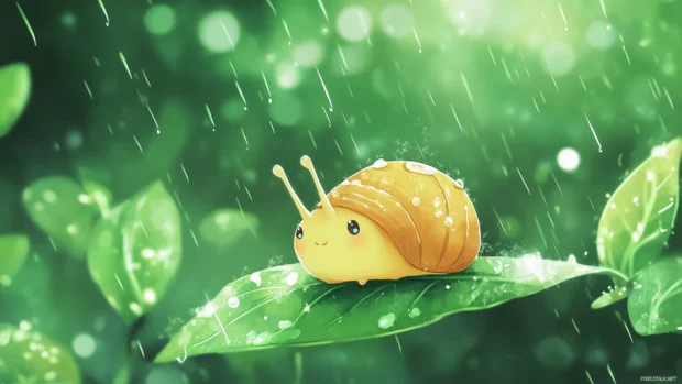 Chibi snail crawling on a leaf with raindrops.