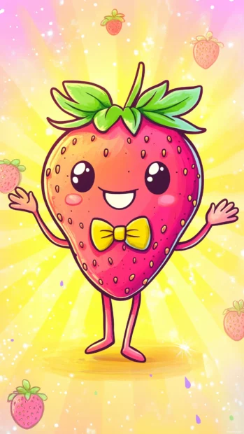 Chibi strawberry waving, bowtie, pastel yellow, sparkles, strawberry patterns.