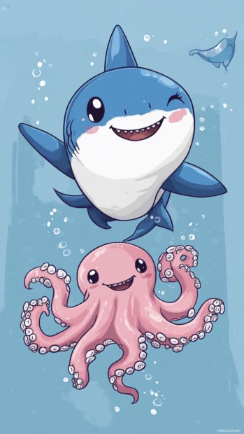 Chibi style blue shark dancing with octopus in cute shark wallpaper design.