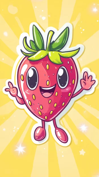 Chibi style strawberry character with arms and legs, waving and wearing a tiny bowtie, set against a pastel yellow background with playful sparkles and strawberry patterns.