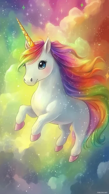 Chibi unicorn prancing through a field of rainbow colored clouds, with sparkles and stars around it.