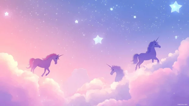 Chibi unicorns and stars over a cotton candy sky, best choice for cute pc wallpapers.