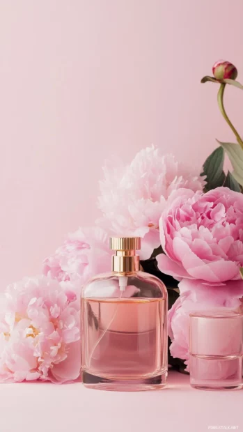 Chic perfume bottles and blush peonies in a stylish pink aesthetic wallpapers.