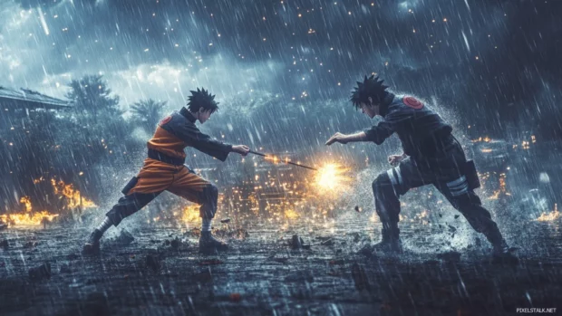 Chidori clash between Sasuke and Naruto on a rainy battlefield, high resolution Naruto scenery.