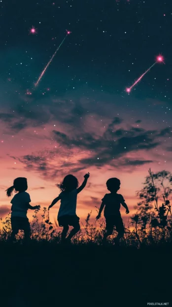 Children chasing shooting pink stars.