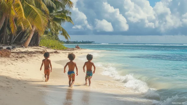 Children playing along Beautifull Ocean shoreline.