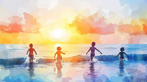 Children playing by the sea under the soft brushstrokes of a watercolor sunset.