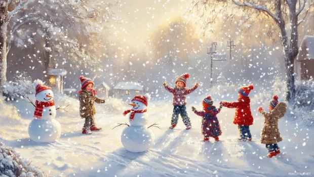 Children playing in the snow with snowmen.