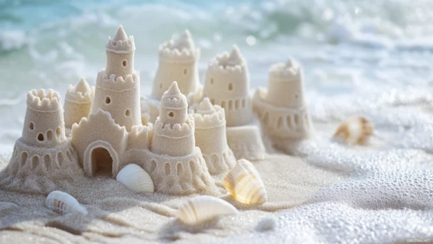 Childrens sandcastles line the beach, detailed with tiny shells and shimmering grains.
