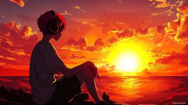 Chill anime boy with headphones in scenic sunset for laptop wallpaper.