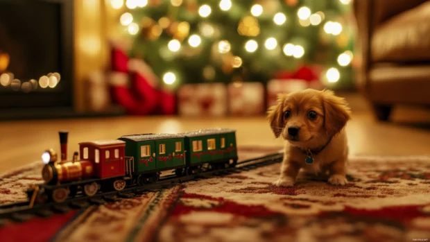 Christmas train set running past a puppy whos watching curiously from a soft rug.