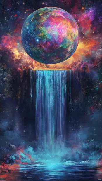 Chromatic waterfall flowing upwards into a floating planet with a trippy aura.