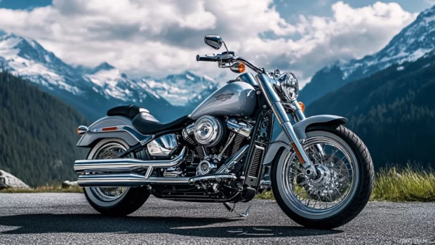 Chrome Harley Davidson cruiser with mountain backdrop, high resolution Harley Davidson PC wallpapers.