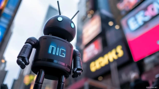 Chrome android in front of an electric billboard, often searched under cool Cyberpunk Wallpaper.