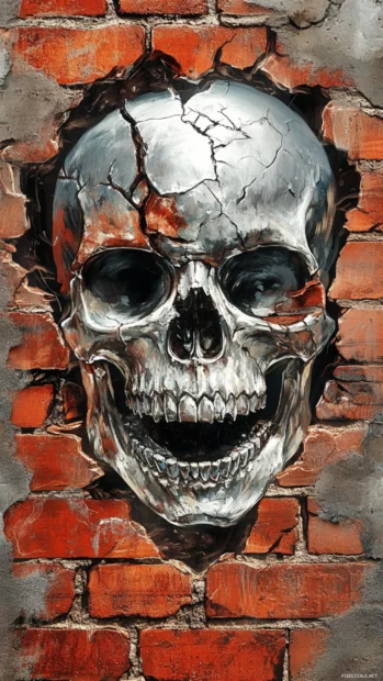 Chrome skull shattering through a cracked brick wall in vibrant street color.