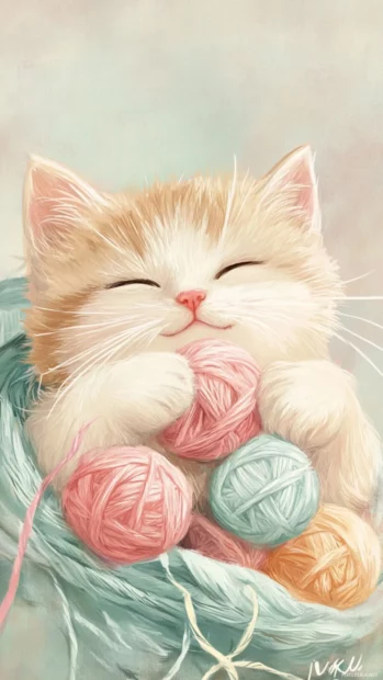 Chubby cat doodle playing with pastel yarn balls on soft fabric.