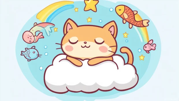 Chubby cat napping on cloud, dreaming of fish and mice, pastel rainbows and stars.