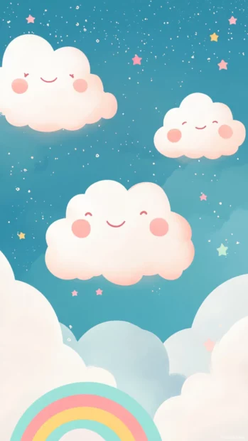 Chubby clouds hugging each other above soft rainbows.