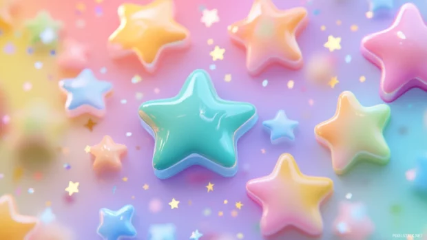 Chubby pastel stars spinning through a candy sky.