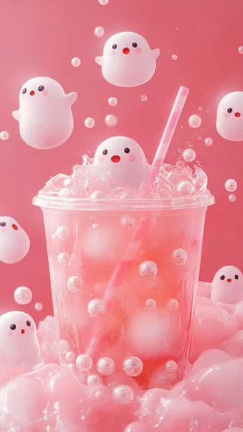 Chubby pink ghosts floating on bubble tea with pearls in this cute Pink Ghost Wallpapers illustration.