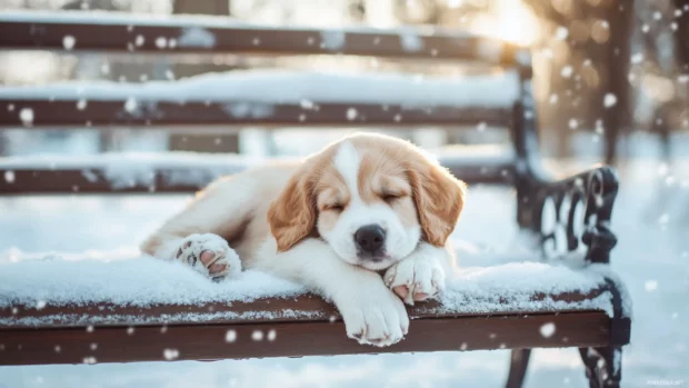 Chubby puppy wearing mittens on its paws while resting on a snowy bench.