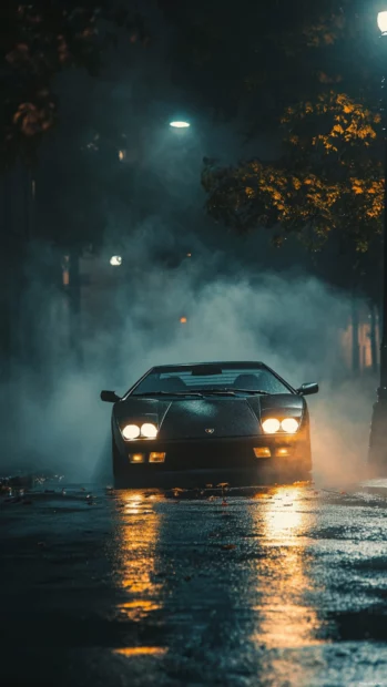 Cinematic Black Lamborghini iPhone wallpaper with fog surrounding the car under a streetlight.