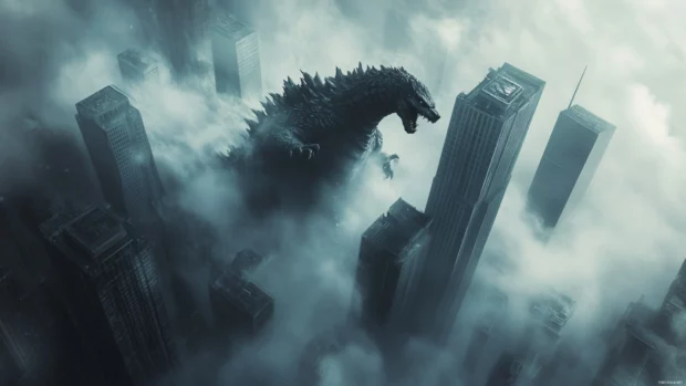 Cinematic Godzilla wallpaper featuring him roaring through fog covered skyscrapers.